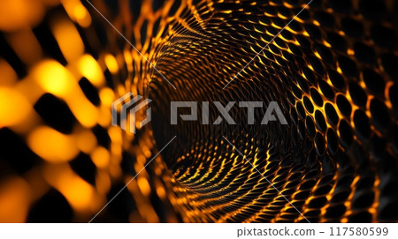Close-up of an abstract metallic surface with circular patterns and warm lighting. 117580599