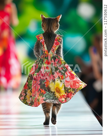 Cat model strides down the runway in a bright floral dress Cat model strides down the runway in a bright floral dress 117580612