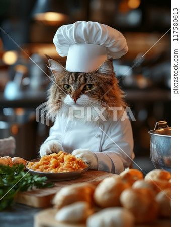 A cat chef stands in the kitchen and prepares food, showing a humorous and charming scene. A cat chef stands in the kitchen and prepares food, showing a humorous and charming scene. 117580613