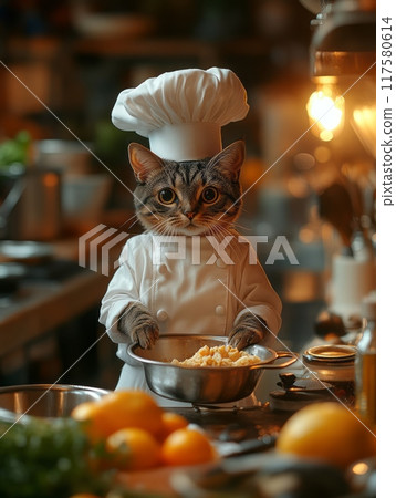 A cat chef stands in the kitchen and prepares food, showing a humorous and charming scene. A cat chef stands in the kitchen and prepares food, showing a humorous and charming scene. 117580614