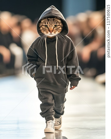 The cat walks confidently down the runway dressed in a sweatshirt and sneakers The cat walks confidently down the runway dressed in a sweatshirt and sneakers 117580615