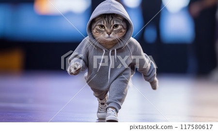 The cat walks confidently down the runway dressed in a sweatshirt and sneakers The cat walks confidently down the runway dressed in a sweatshirt and sneakers 117580617