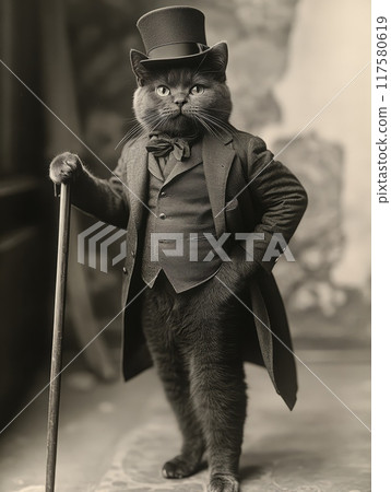 Cat in a Vintage Suit Holding a Cane 117580619