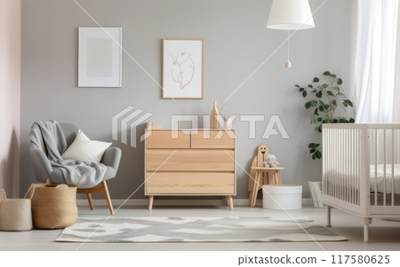 Modern minimalist nursery room in scandinavian style. Baby room interior in light colours, Modern minimalist nursery room in scandinavian style. Baby room interior in light colours, 117580625
