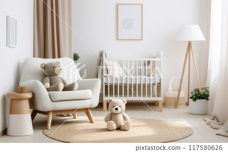 Modern minimalist nursery room in scandinavian style. Baby room interior in light colours, 117580626