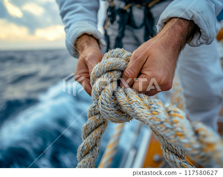 A close-up shot of a sailor's hands tying a strong knot on a thick rope A close-up shot of a sailor's hands tying a strong knot on a thick rope 117580627