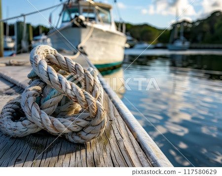 Rope Knot Securing a Boat to a Dock Rope Knot Securing a Boat to a Dock 117580629