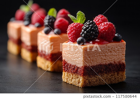 Delicate mini desserts with berries, mini cakes, black background Delicate mini desserts with berries, mini cakes, black background 117580644