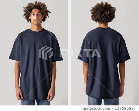 Oversized T-shirt mockup front and back view on a model. 117580655