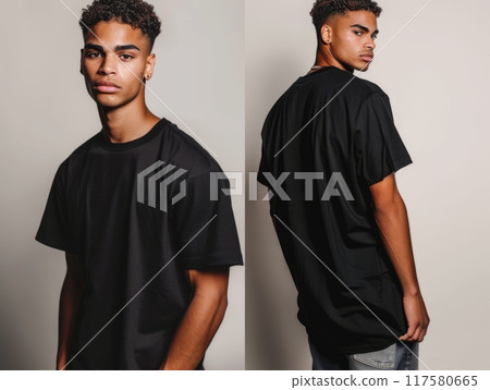Oversized black T-shirt mockup front and back view on a model. 117580665