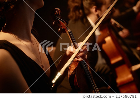 Cropped shot of unrecognizable elegant female violinist holding violin and bow after string quartet performance on stage with warm dim light 117580781