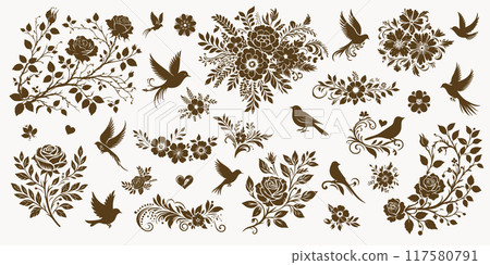 Decorative wedding elements flowers and birds silhouettes. 117580791