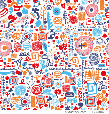 Fun colorful line doodle seamless pattern. Creative abstract art background collection for children or festive celebration design. hand drawing. Not AI, Vector 117580820