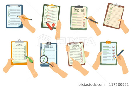Hand holding checklist on clipboard. Task inspection or requirements lists with tick mark in checkbox. Check marks on agenda list, tasks marked done and survey or testing papers cartoon vector set 117580931