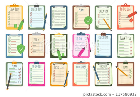 Planning clipboards. Task checklists and To Do lists with pen, pencil or markers. Productivity plan list, interview checklist and work progress boards cartoon vector illustration set 117580932
