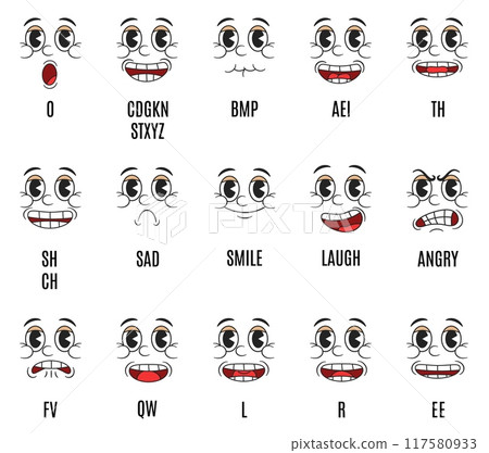 Retro cartoon lip sync animation. Mouth shapes for phonetic sounds and emotions facial expressions. Lips animation and speech synchronization for alphabet pronunciation vector set Retro cartoon lip sync animation. Mouth shapes for phonetic sounds and emotions facial expressions. Lips animation and speech synchronization for alphabet pronunciation vector set 117580933