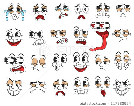 Retro cartoon faces. Funny 30s mascot character facial expressions, emotions and reactions with pie eyes for rubber hose style characters design. Isolated vector illustration set 117580934