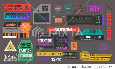 Cyberpunk stickers. High tech futuristic warning and caution labels, safety signs and cyber decals with barcodes. Digital interface elements vector set 117580937