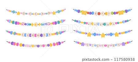 Colorful beaded friendship bracelets. Plastic beads DIY necklace or bracelet jewelry with Dream, BFF, Summer, Happy, Karma and Sisters words hand drawn vector set Colorful beaded friendship bracelets. Plastic beads DIY necklace or bracelet jewelry with Dream, BFF, Summer, Happy, Karma and Sisters words hand drawn vector set 117580938