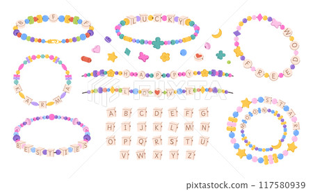 Kid beaded bracelets design kit. Best friends forever BFF, besties and lucky handmade jewelry, DIY friendship bracelet font alphabet letters cube beads vector set Kid beaded bracelets design kit. Best friends forever BFF, besties and lucky handmade jewelry, DIY friendship bracelet font alphabet letters cube beads vector set 117580939