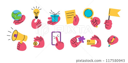 Hands carried icons. Doodle hand holding globe, idea lamp, gift box, note paper, magnifying glass, achievement flag, megaphone, golden coin, puzzle, banking card, pencil and smartphone vector set Hands carried icons. Doodle hand holding globe, idea lamp, gift box, note paper, magnifying glass, achievement flag, megaphone, golden coin, puzzle, banking card, pencil and smartphone vector set 117580943