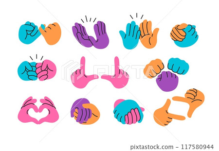 Hands holding together. High five, applause clap and fist bump, couple handshake, two hands frame cropping and heart shaped gestures vector set Hands holding together. High five, applause clap and fist bump, couple handshake, two hands frame cropping and heart shaped gestures vector set 117580944
