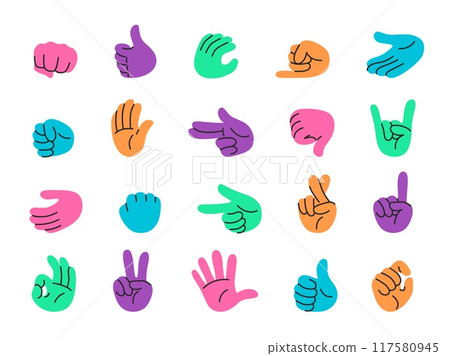 Colorful hand gestures collection. Thumbs up, pointing finger, fist and palm, okay gesture and peace hand signs. Doodle hands icon stickers vector set Colorful hand gestures collection. Thumbs up, pointing finger, fist and palm, okay gesture and peace hand signs. Doodle hands icon stickers vector set 117580945