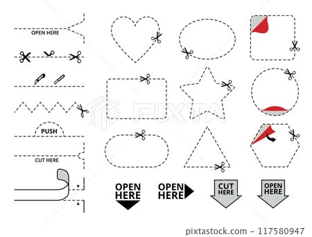Dashed cut lines. Cut here icon, peel corner stickers and open here labels. Cutting coupon frame template with scissors and tear stripe vector set 117580947
