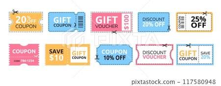 Discount offer coupon. Gift voucher or sale ticket template with cutting dashed lines and scissors icon. Shopping savings promotion coupons vector set 117580948
