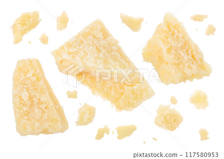 Pieces of parmesan cheese isolated on white background. Top view. Flat lay Pieces of parmesan cheese isolated on white background. Top view. Flat lay 117580953