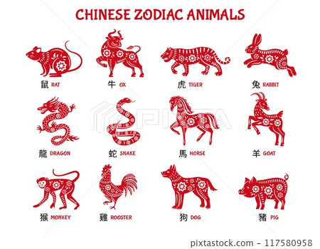 Chinese zodiac animals. Lunar New Year Rat, Ox, Tiger, Rabbit, Dragon, Snake, Horse, Goat, Monkey, Rooster, Dog and Pig in traditional red paper cut style vector illustrations set 117580958