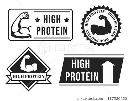 High protein stickers. Muscular arm label and strong biceps badges for fitness, bodybuilding and nutritional products packaging design. Protein icons vector set 117580960