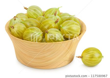Green gooseberry in wooden bowl isolated on white background with full depth of field 117580967