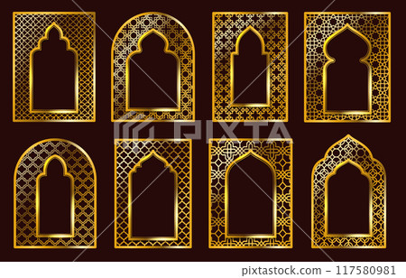Arabic ornamental frames. Traditional Islamic doors or Arabian motif arc frame with golden pattern ornaments. Luxury gate or Muslim architecture window decorations vector set Arabic ornamental frames. Traditional Islamic doors or Arabian motif arc frame with golden pattern ornaments. Luxury gate or Muslim architecture window decorations vector set 117580981