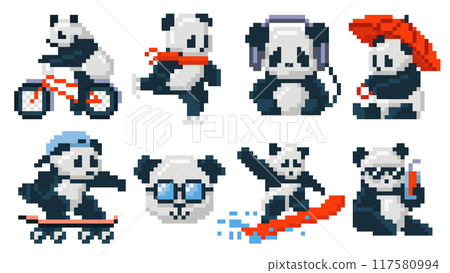 Pixel art cute pandas. Retro 8bit panda bear mascot riding bicycle and skateboard, ice skating and surfing, holding umbrella and cold drink, wearing glasses and headphones vector illustration set 117580994