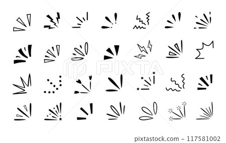 Doodle exclamation. Manga comic rays emotion expression, hand drawn sparkles splash and flash burst symbol. Decorative starburst lines and cartoon surprise 2D explosion bang effects vector set Doodle exclamation. Manga comic rays emotion expression, hand drawn sparkles splash and flash burst symbol. Decorative starburst lines and cartoon surprise 2D explosion bang effects vector set 117581002