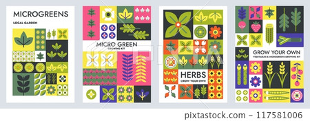 Microgreens geometric mosaic poster. Grow your herbs and vegetables, micro greens growing kit packaging design with plants, leaves and flowers geometric vector background. Bauhaus Scandinavian tiles Microgreens geometric mosaic poster. Grow your herbs and vegetables, micro greens growing kit packaging design with plants, leaves and flowers geometric vector background. Bauhaus Scandinavian tiles 117581006