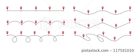 Roadmap path. Timeline dashed line, way route chart and road steps with pin points for customer journey business infographic design. Success process diagram vector set. Pathway and options for report 117581010