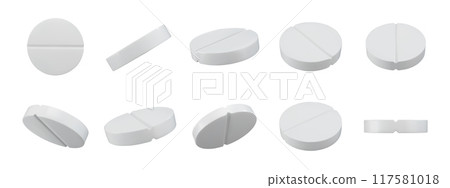 Medicine 3D tablets. White pills, pharmaceutical medication and round tablet in various angles for pharmacy, medicine and healthcare design isolated vector set. 117581018