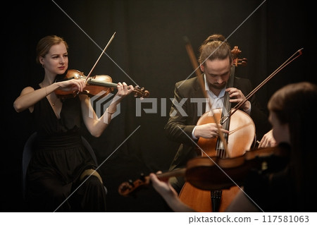 Professional female and male string musicians playing violin and cello with chamber quartet against black curtains 117581063