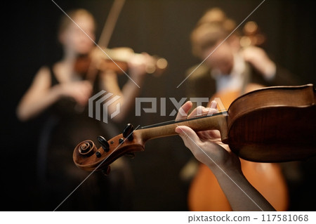 Close up on hand of unrecognizable female string ensemble musician playing on violin moving fingers on fretboard on blurred background, focus on hand, copy space 117581068