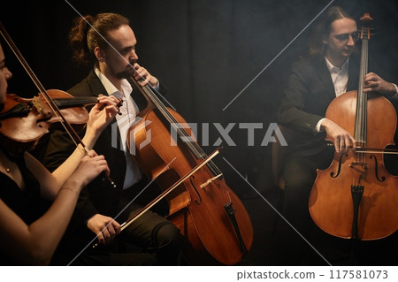 Group of three string ensemble musicians performing classical music concert on hazy stage with black curtains and dim light Group of three string ensemble musicians performing classical music concert on hazy stage with black curtains and dim light 117581073