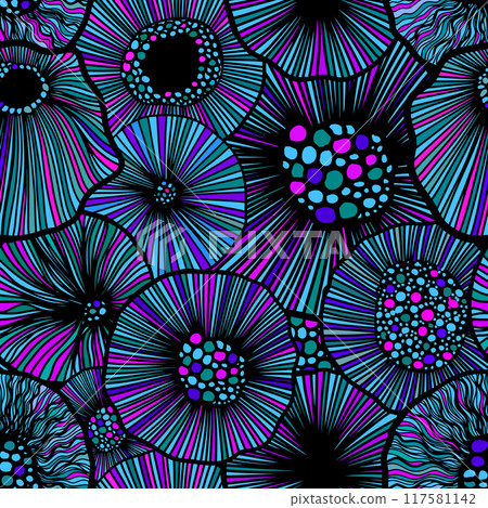 Blue black violet circles graphics. Seamless background. Graphic round flowers seamless pattern. hand drawing. Not AI. Vector illustration Blue black violet circles graphics. Seamless background. Graphic round flowers seamless pattern. hand drawing. Not AI. Vector illustration 117581142