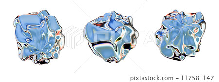 3D chrome orb icon set, melted mercury surreal wavy shape, liquid metallic trendy science form.  117581147