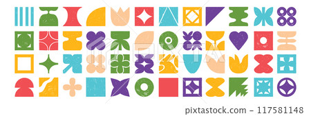 Geometric tile icon set, brutal shapes, vector hand drawn retro futuristic flowers flat collage form 117581148