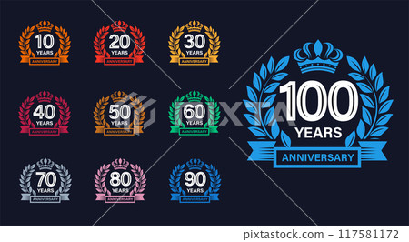 Elegant Anniversary Emblems Logo Set with wreath in a colored vector illustration 117581172