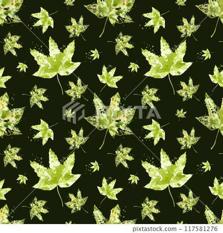 Yellow green levitating maple leaves illustration isolated on black background. Flying leaves with watercolor splashes, stains. Leaf imprints seamless pattern. For wrapping, scrapbook, textile 117581276
