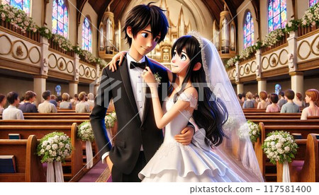 A bride and groom walking on a virgin road 117581400