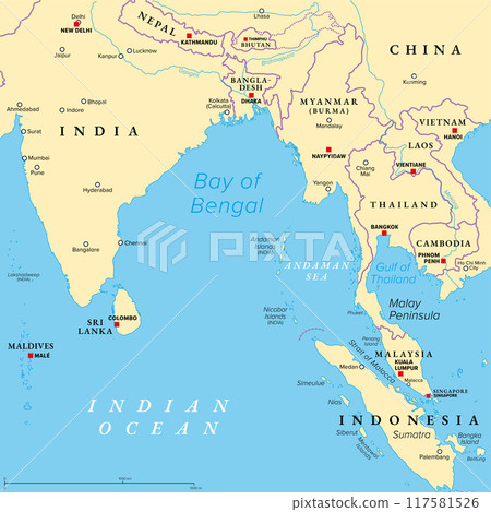 Bay of Bengal, political map. Northeastern part of the Indian Ocean and largest bay of the world, positioned between the Indian subcontinent and Indochinese peninsula, located below the Bengal region. Bay of Bengal, political map. Northeastern part of the Indian Ocean and largest bay of the world, positioned between the Indian subcontinent and Indochinese peninsula, located below the Bengal region. 117581526