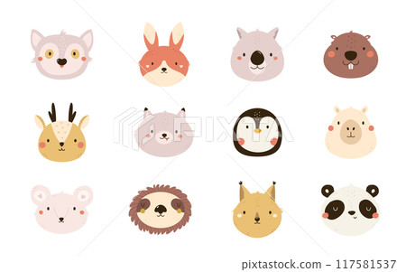 Set of hand drawn animal portraits, clip arts. Vector illustration of beaver, sloth, panda Set of hand drawn animal portraits, clip arts. Vector illustration of beaver, sloth, panda 117581537
